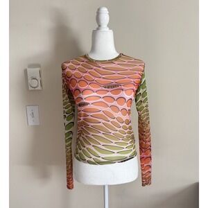 Vintage Y2K OMIGHTY Sheer Mesh Top Small Fairy Grunge Green Pink Graphic T Pink